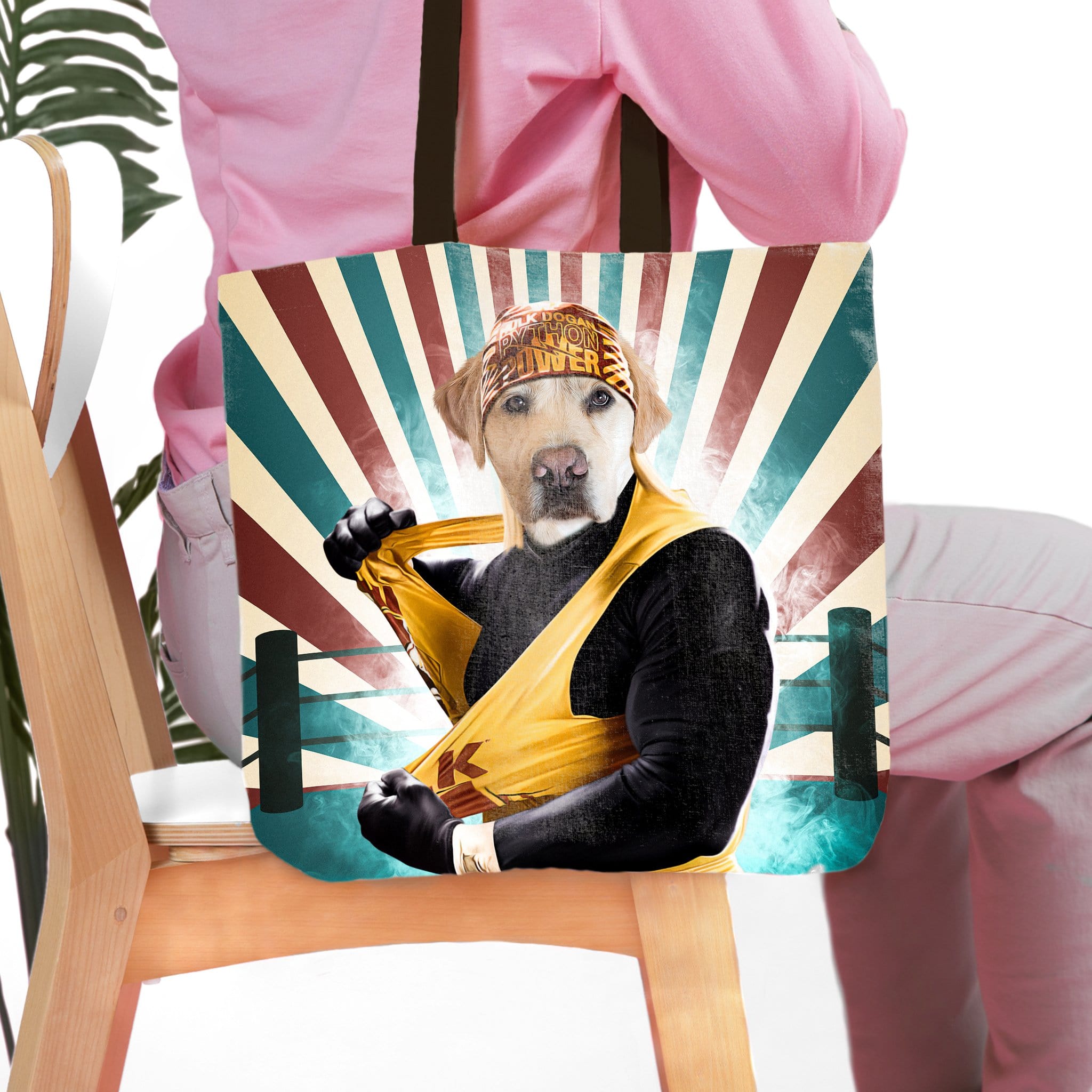 Personalized 'Hulk Dogan' tote bag with a custom dog pet portrait in a wrestling costume.