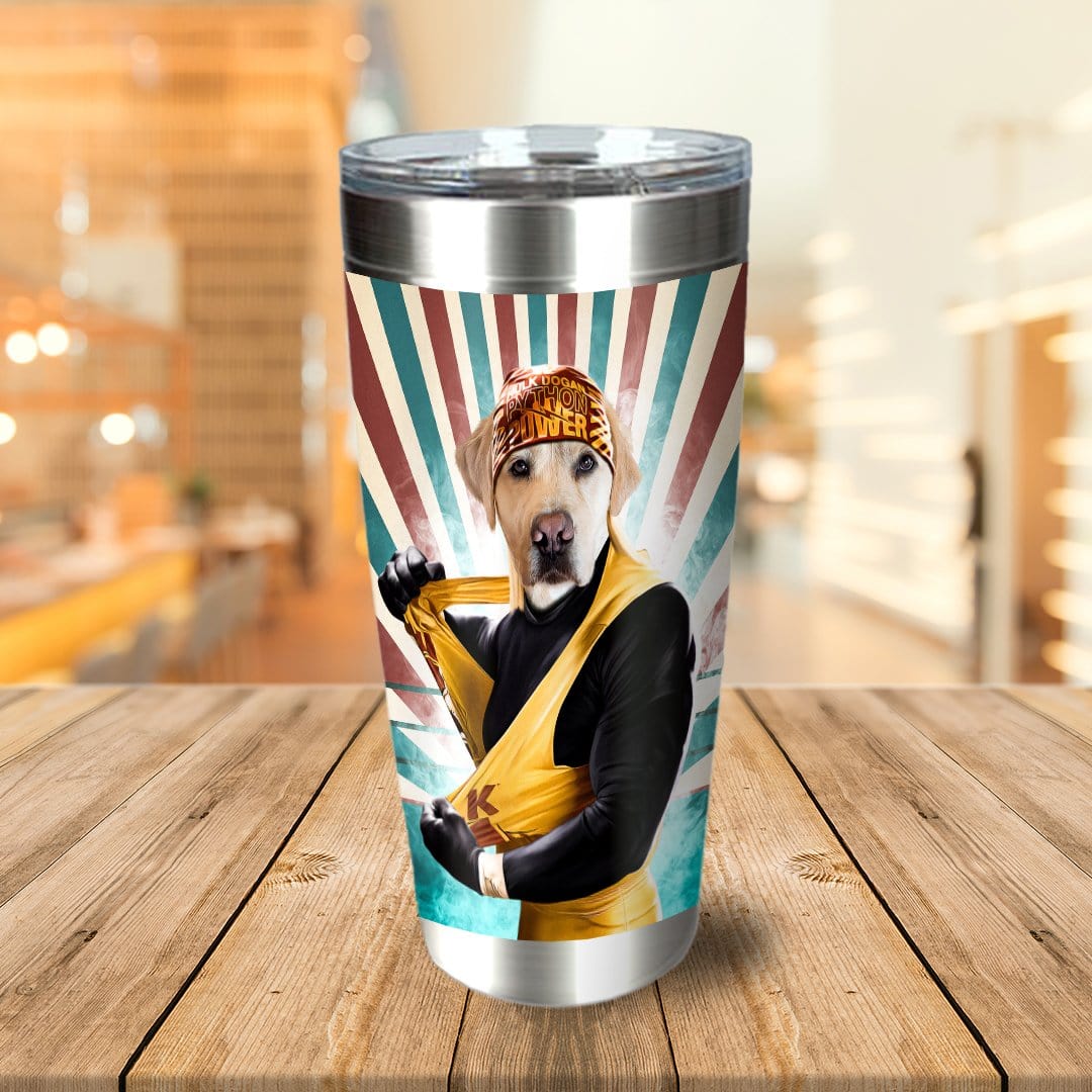 Personalized stainless steel tumbler with a dog in a superhero costume against a striped background.