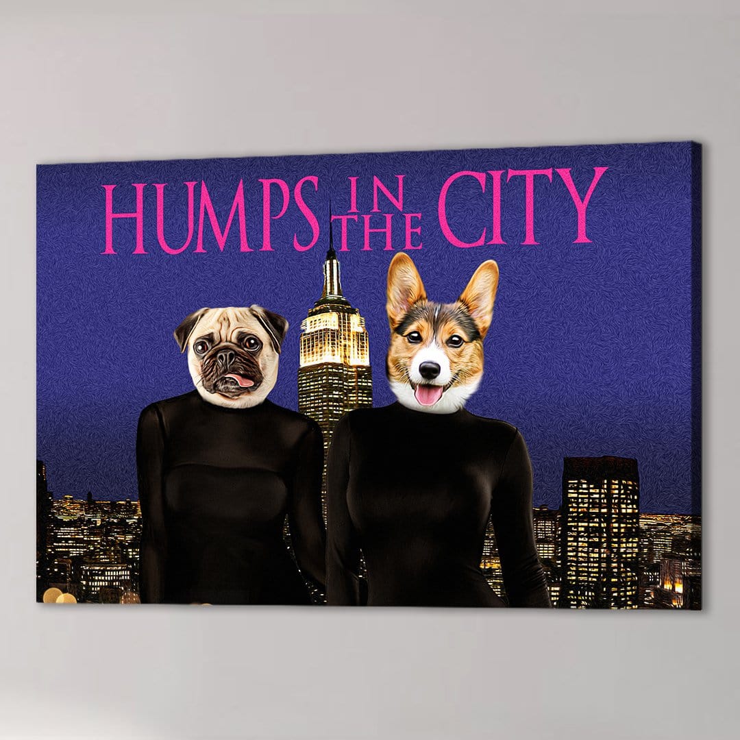 Personalized canvas featuring a pug and corgi in black outfits against a city skyline with "Humps in the City" text.