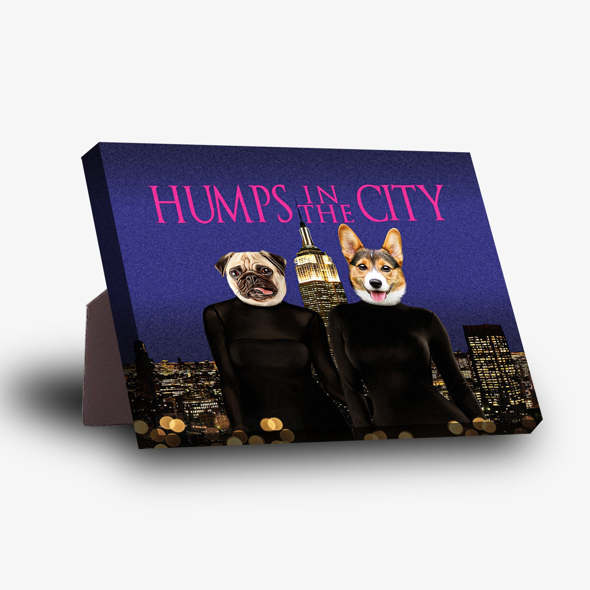 Humps in the City" personalized 2-pet standing canvas featuring a pug and corgi in black outfits against a dark blue cityscape.