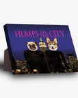 Humps in the City" personalized 2-pet standing canvas featuring a pug and corgi in black outfits against a dark blue cityscape.