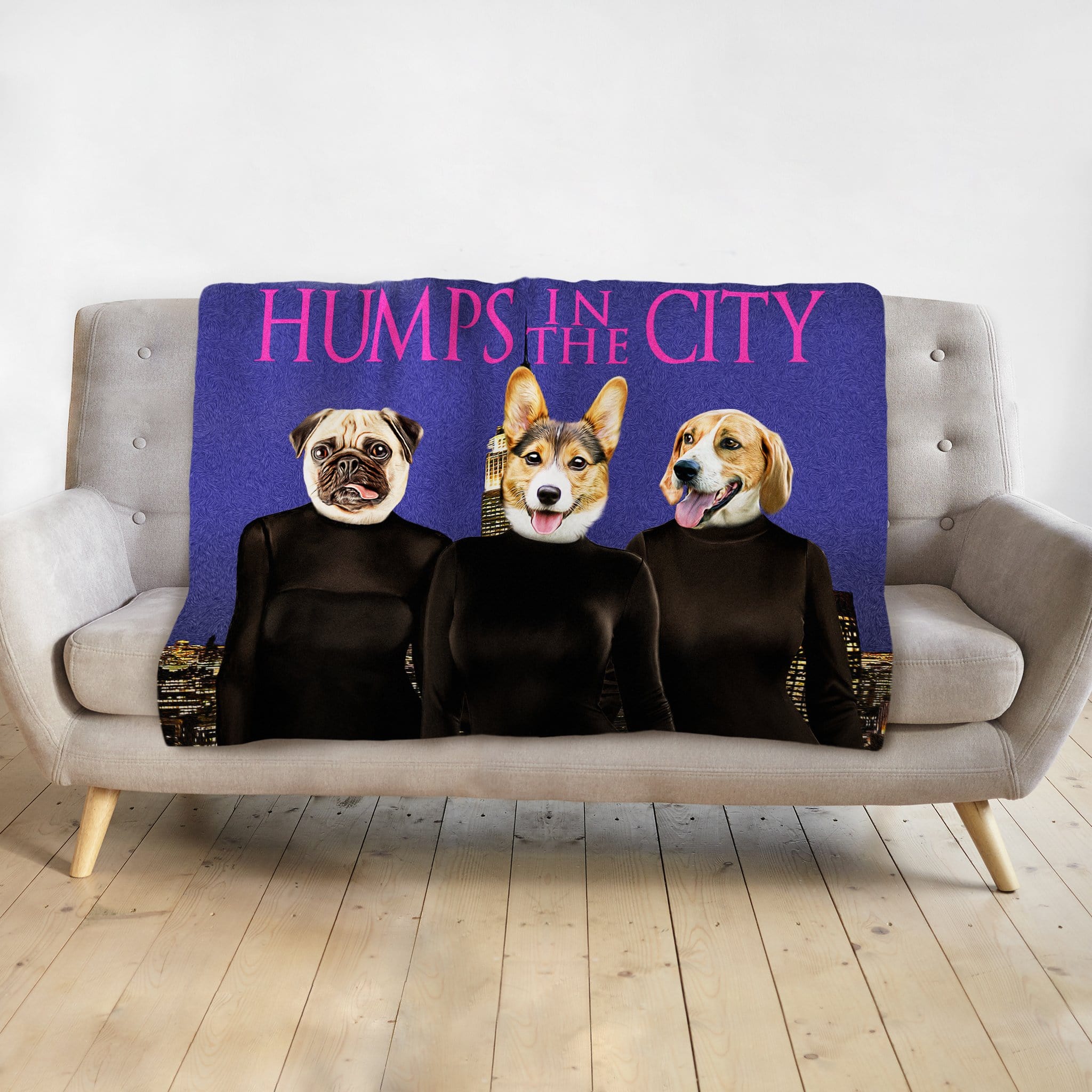 Personalized 3 pet blanket with pug, corgi, and beagle portraits in "Humps in the City" design.