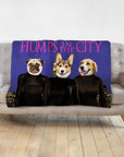 Personalized 3 pet blanket with pug, corgi, and beagle portraits in "Humps in the City" design.