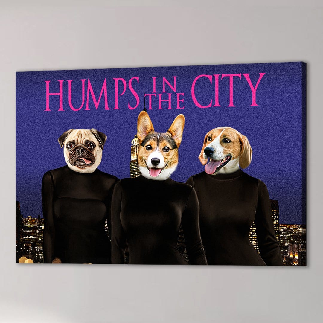 Personalized 'Humps in the City' canvas with a pug, corgi, and beagle on a purple city skyline background.