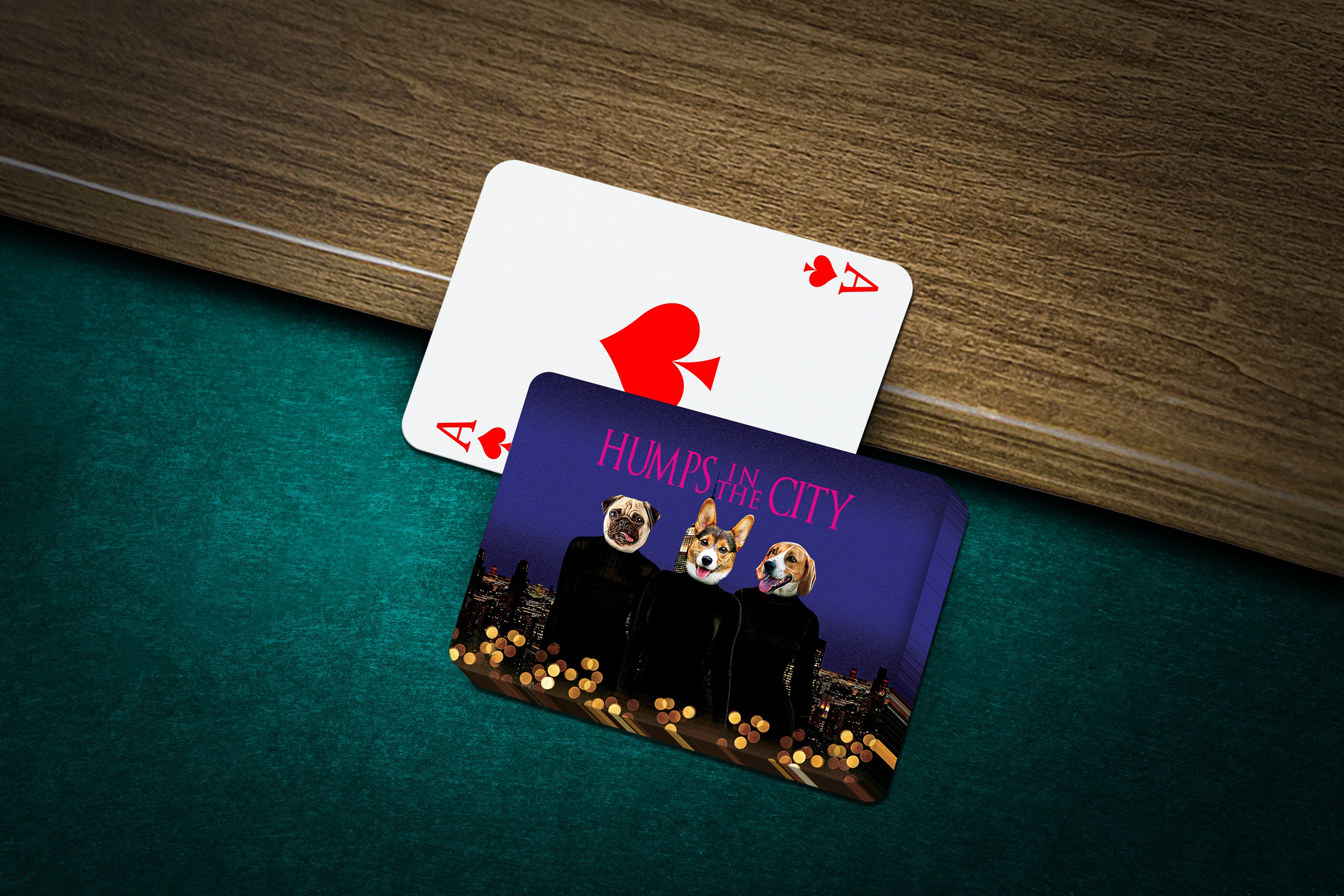 Custom 'Humps in the City' personalized playing cards featuring three pets in cartoon style.