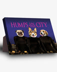 Personalized 'Humps in the City' standing canvas featuring three pets in black outfits against a dark city skyline.
