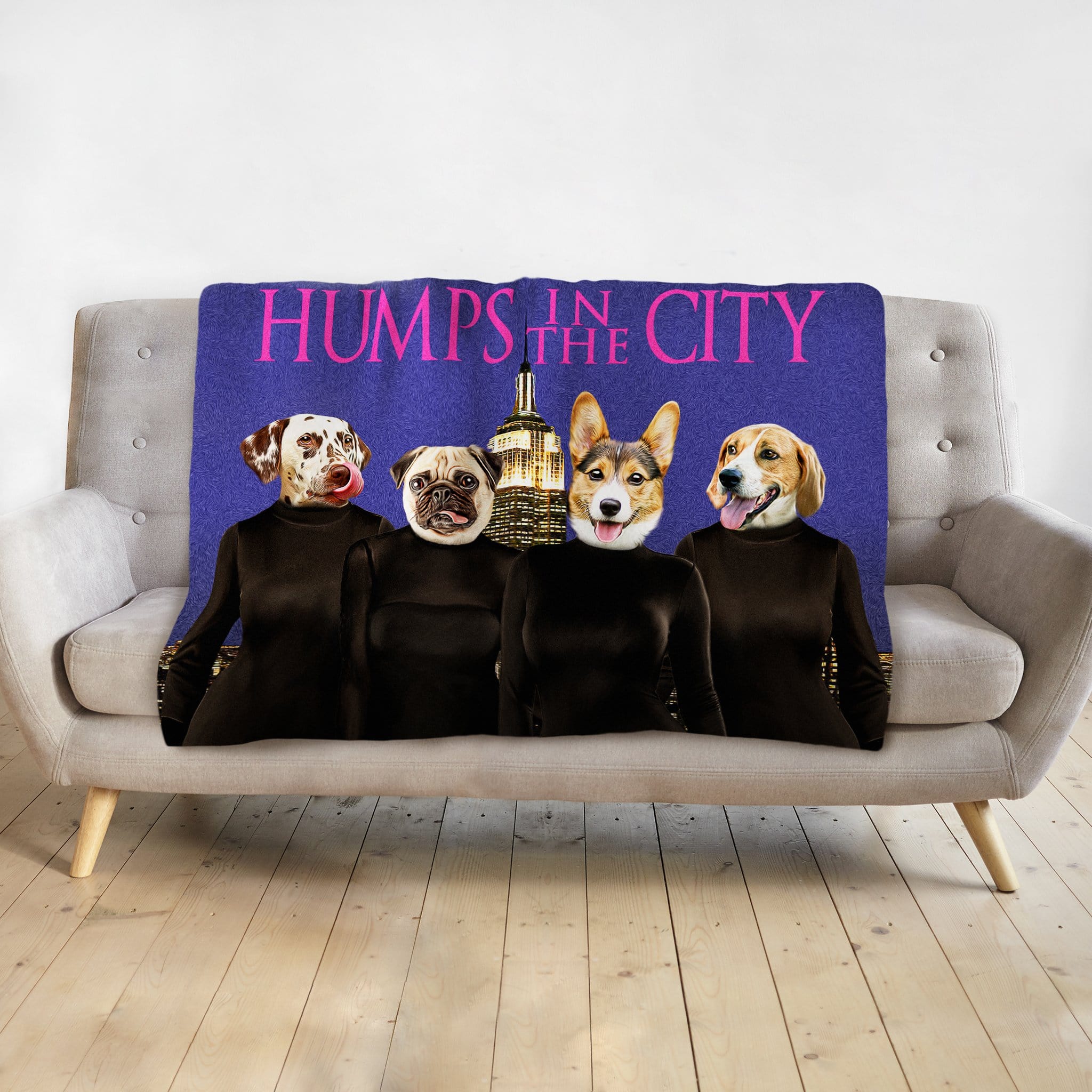 Personalized 4-pet blanket with dogs in black outfits and "Humps in the City" text.