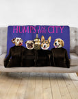 Personalized 4-pet blanket with dogs in black outfits and "Humps in the City" text.