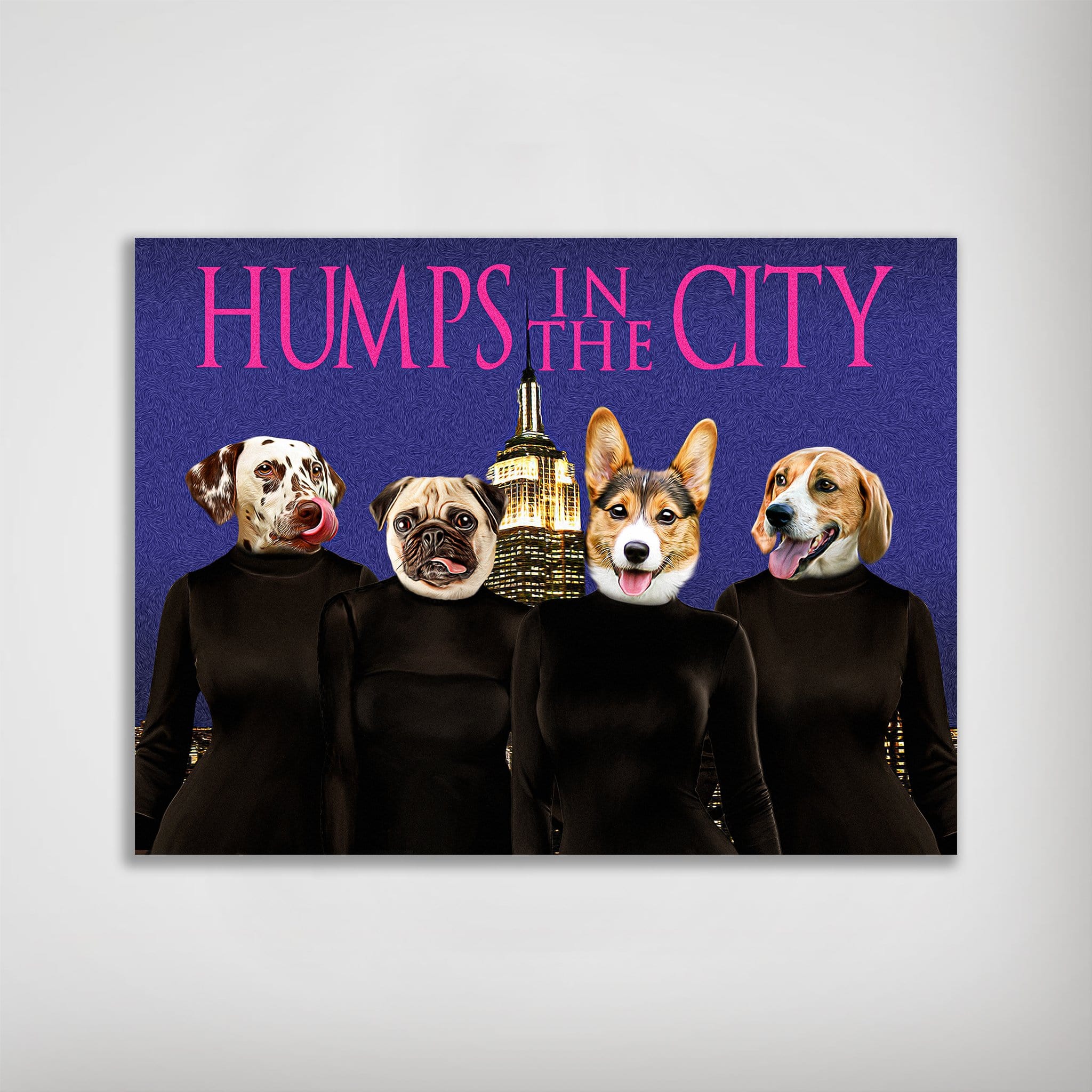 Personalized 'Humps in the City' poster featuring four pets' faces on black-clad bodies with a city skyline background.
