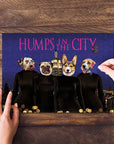Personalized "Humps in the City" pet puzzle featuring four dogs in black outfits on a purple background.