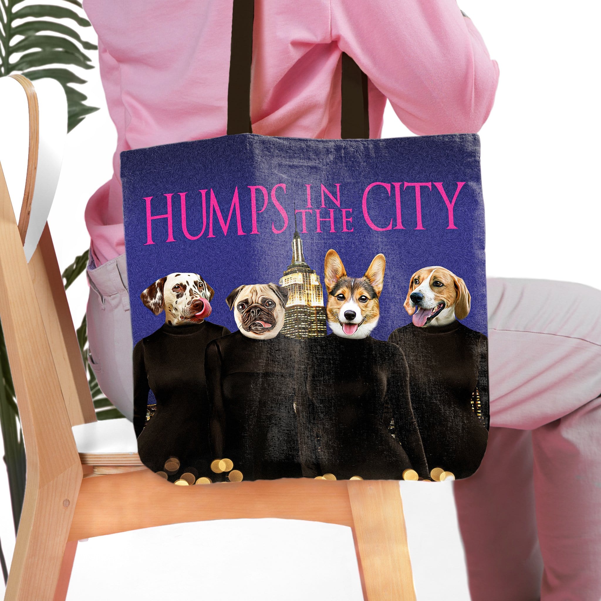 Personalized 4-pet tote bag with custom dog portraits in "Humps in the City" style.