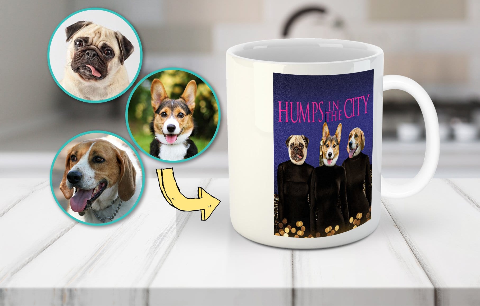 Taza personalizada con 3 mascotas &#39;Jorobas en la ciudad&#39;