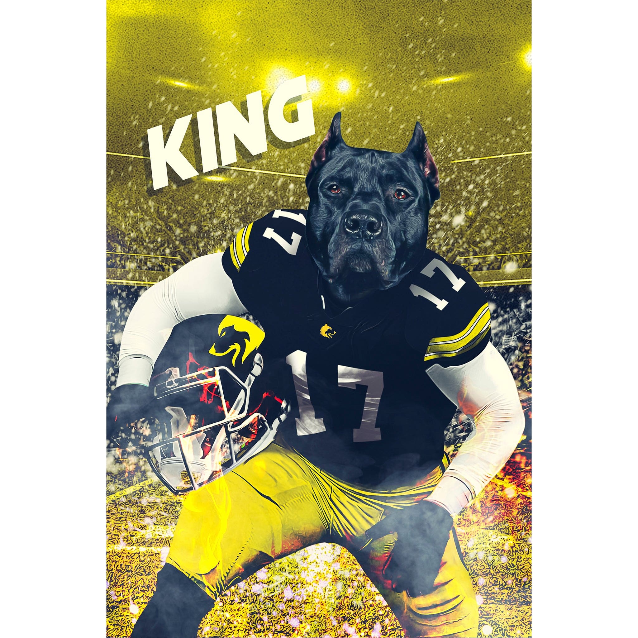 Personalized digital portrait of a black dog in a black and yellow football uniform, holding a helmet.