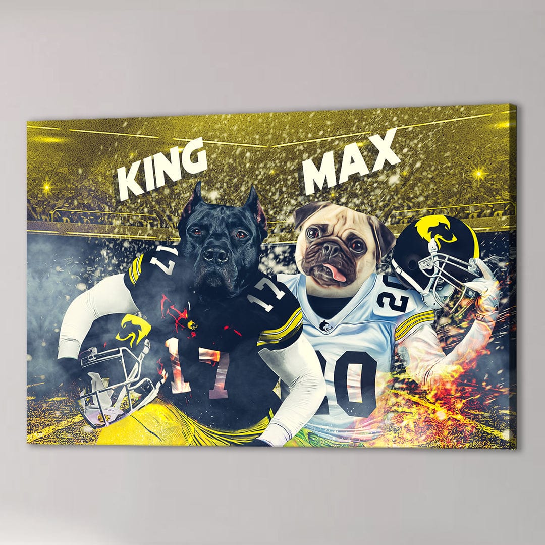 Personalized canvas featuring a black Cane Corso and a pug in Iowa Hawkeyes football uniforms.