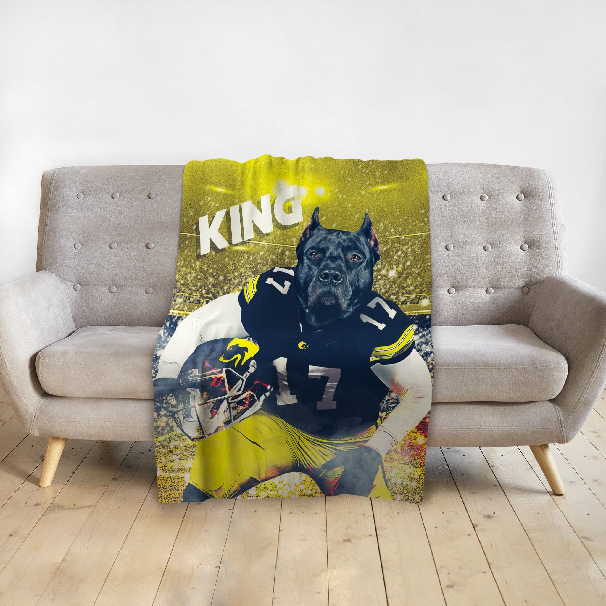 Personalized pet blanket with a black dog in a football uniform, "KING" text, and stadium background.