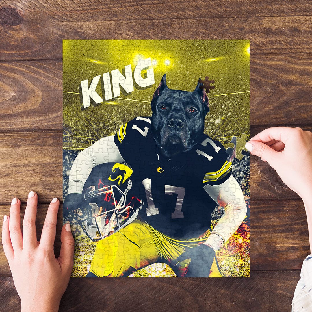 Personalized pet puzzle featuring a black dog in a football uniform, with "KING" text.