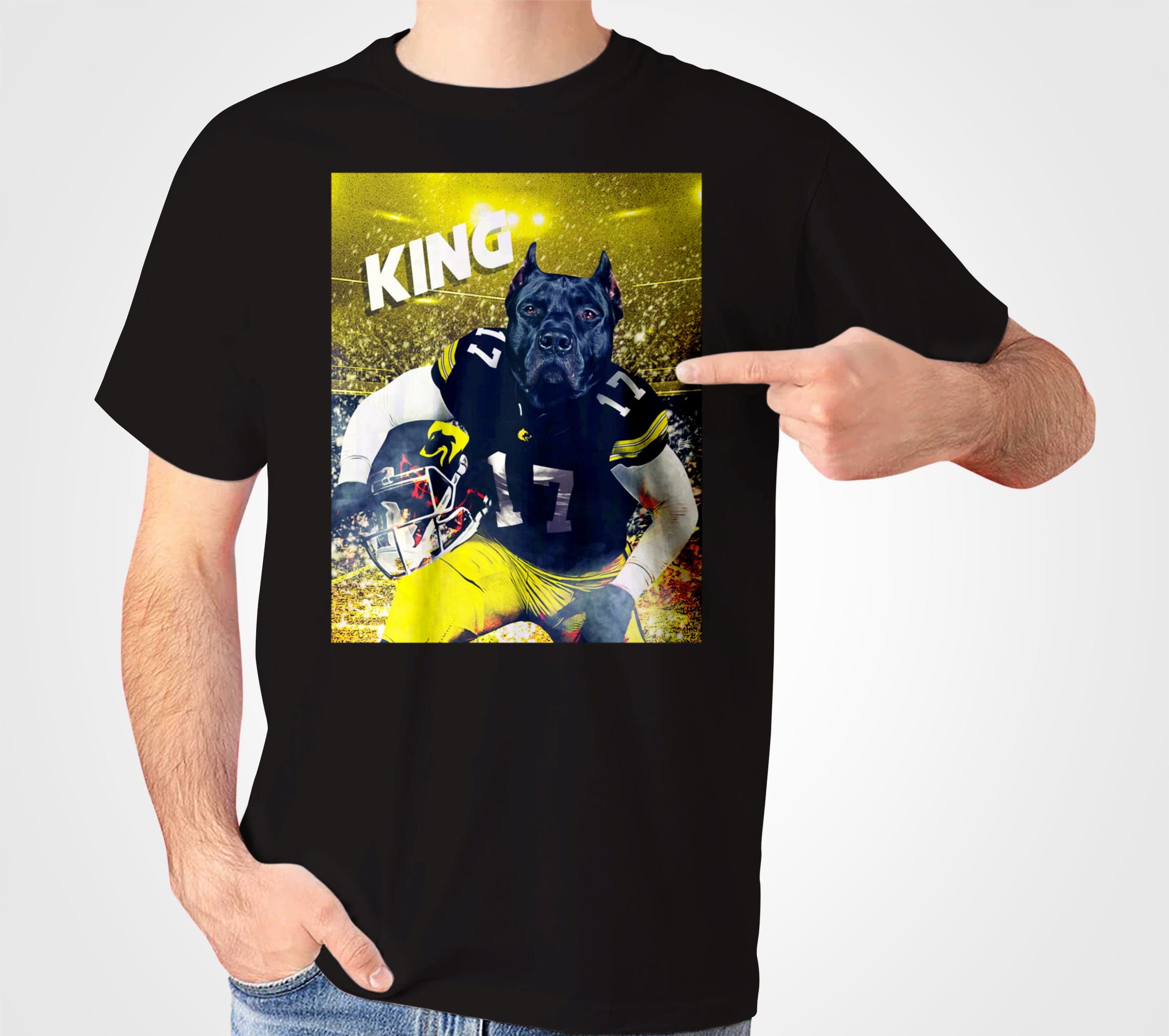 Black Gildan t-shirt featuring a personalized graphic of a black dog in a football uniform.