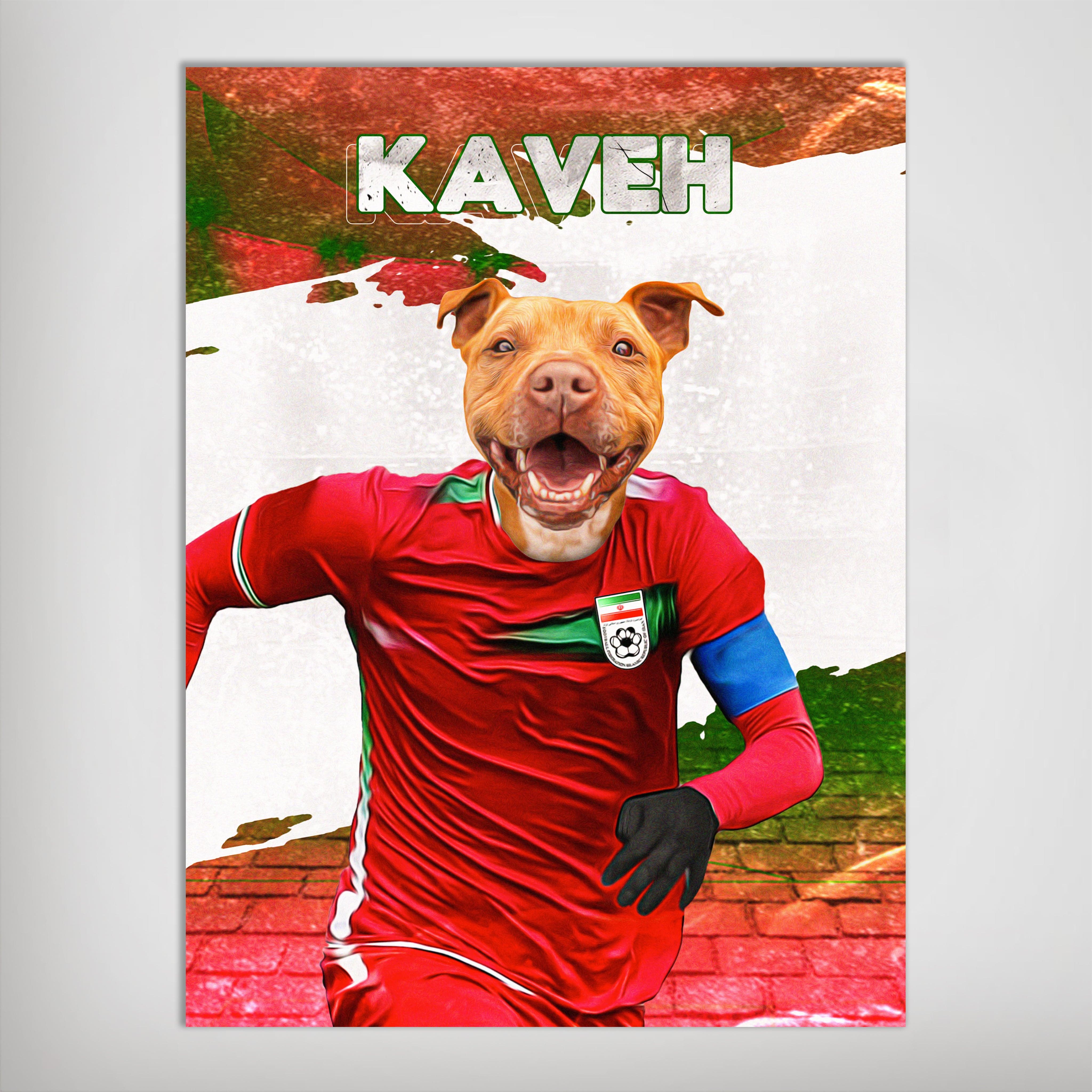 Personalized matte poster featuring a pit bull's head on a soccer player in a red Iran jersey.