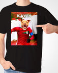 Black Gildan t-shirt featuring a personalized pit bull dog in a red soccer jersey with "KAVEH" above.