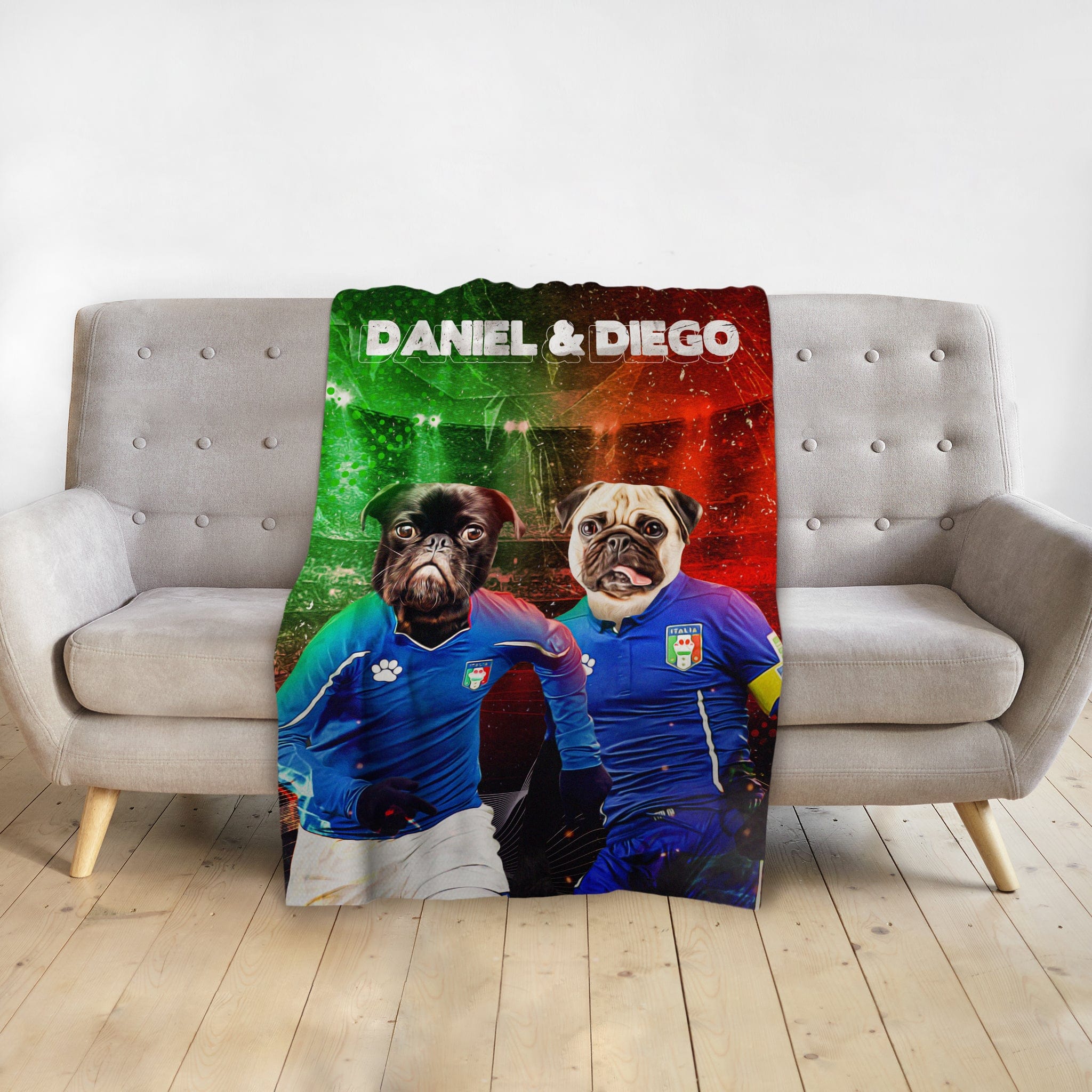 Personalized blanket with two pug dog portraits in blue soccer jerseys against a red and green background.