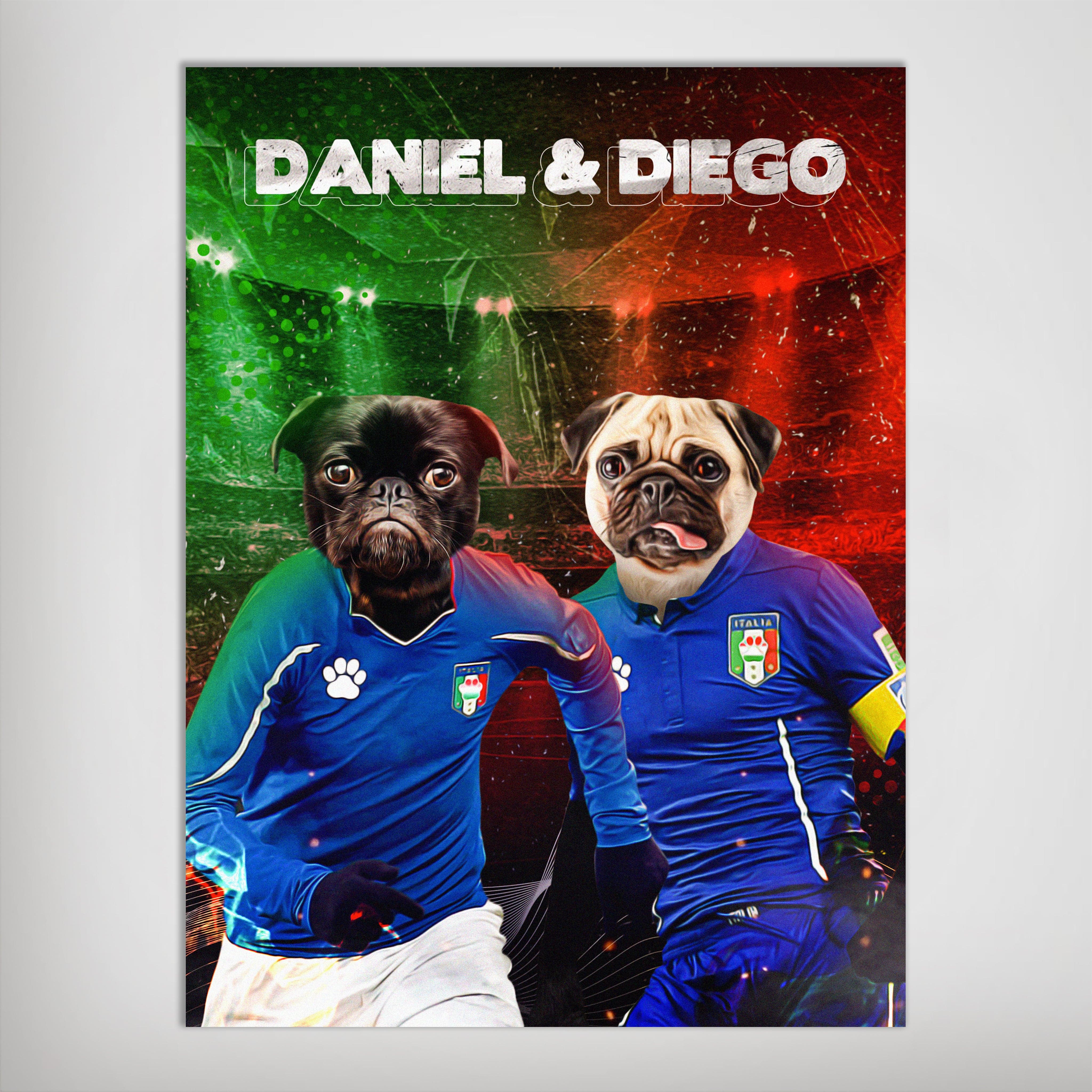 Personalized 'Italy Doggos' poster featuring two pets in blue soccer jerseys against a red and green background.