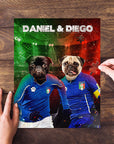 Personalized 2-pet puzzle featuring two pugs in blue soccer jerseys on a red and green background.
