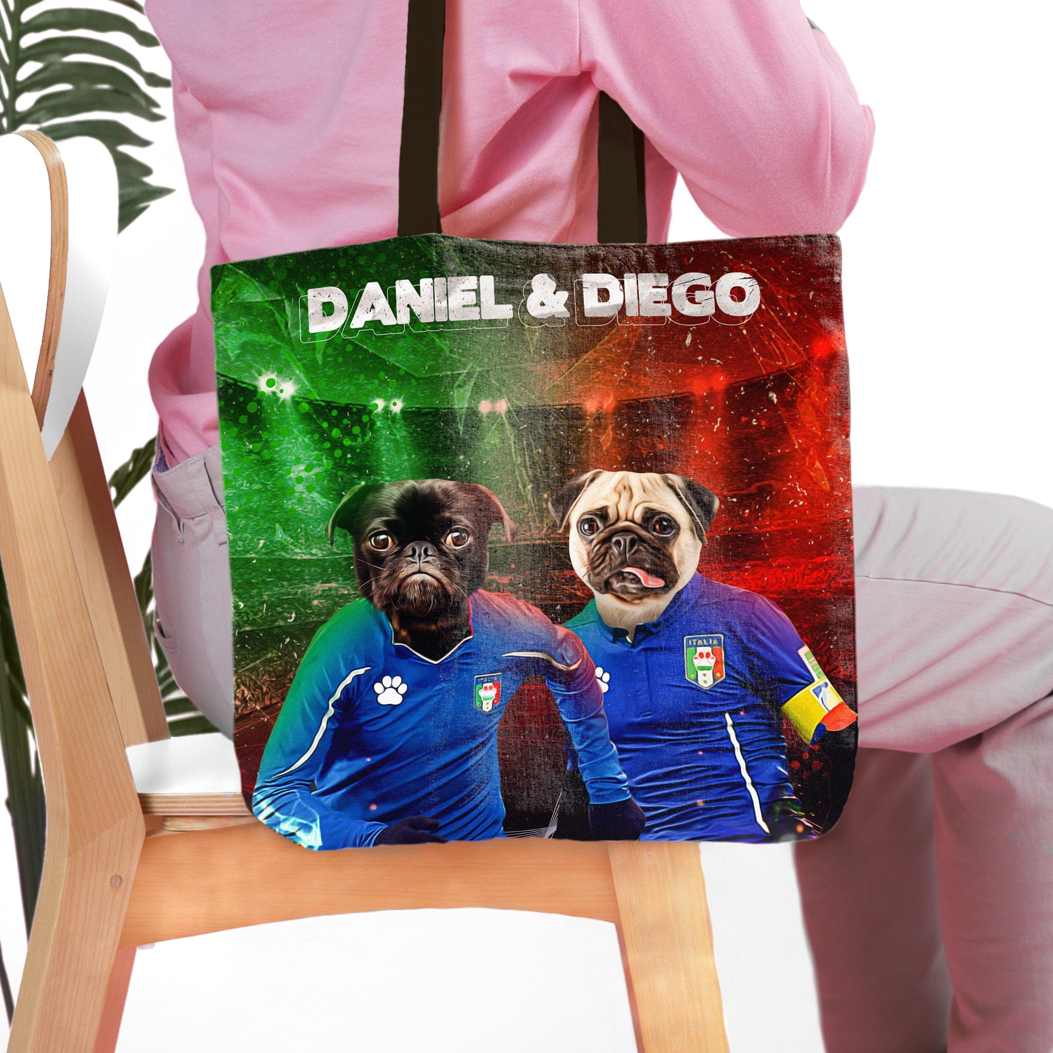 Personalized 'Italy Doggos' tote bag with two pug pet portraits in blue soccer jerseys.