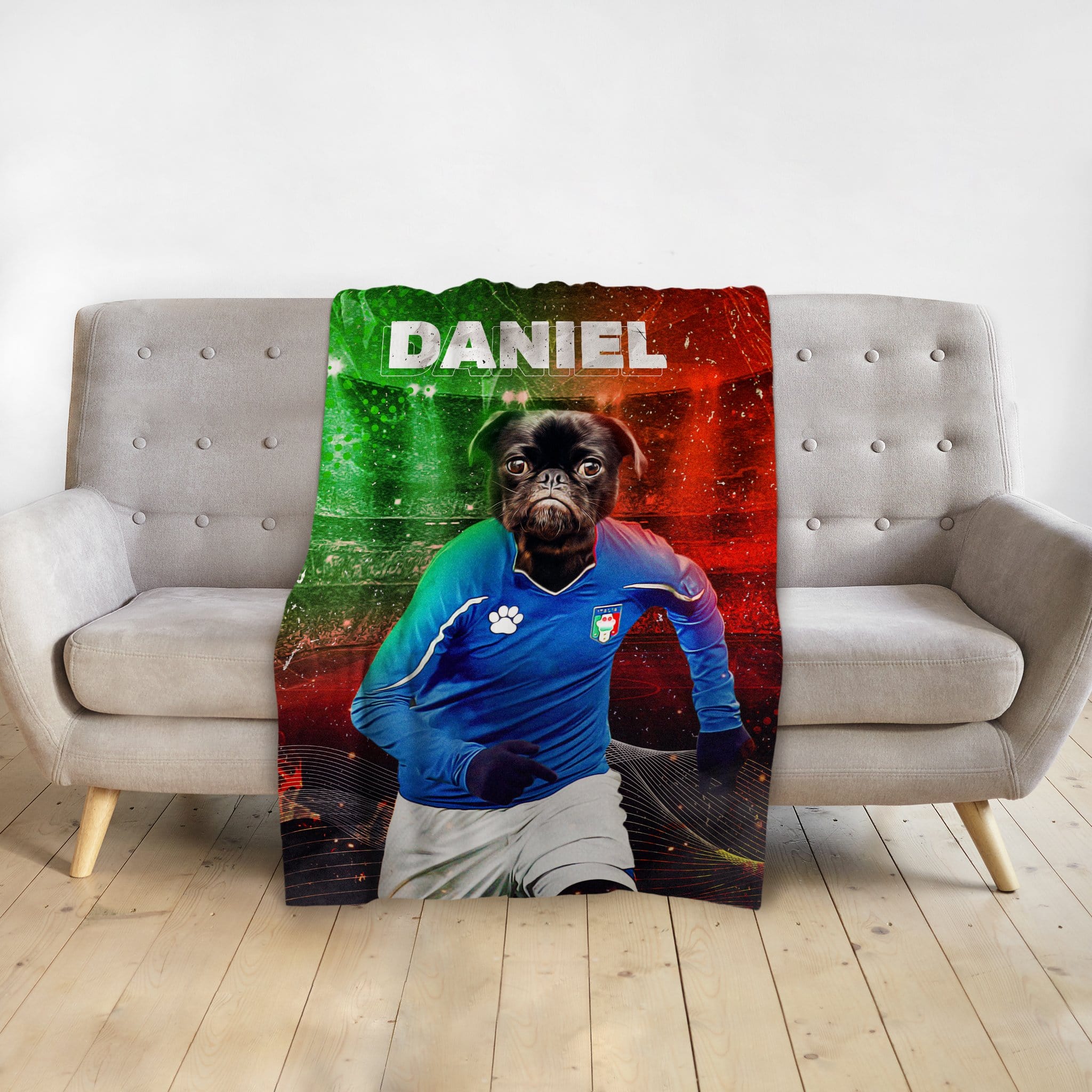 Personalized pet blanket with a pug in an Italy soccer uniform, set against a red and green background.