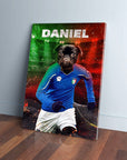 Personalized pet canvas featuring a black pug in an Italy soccer uniform, with "DANIEL" at the top.