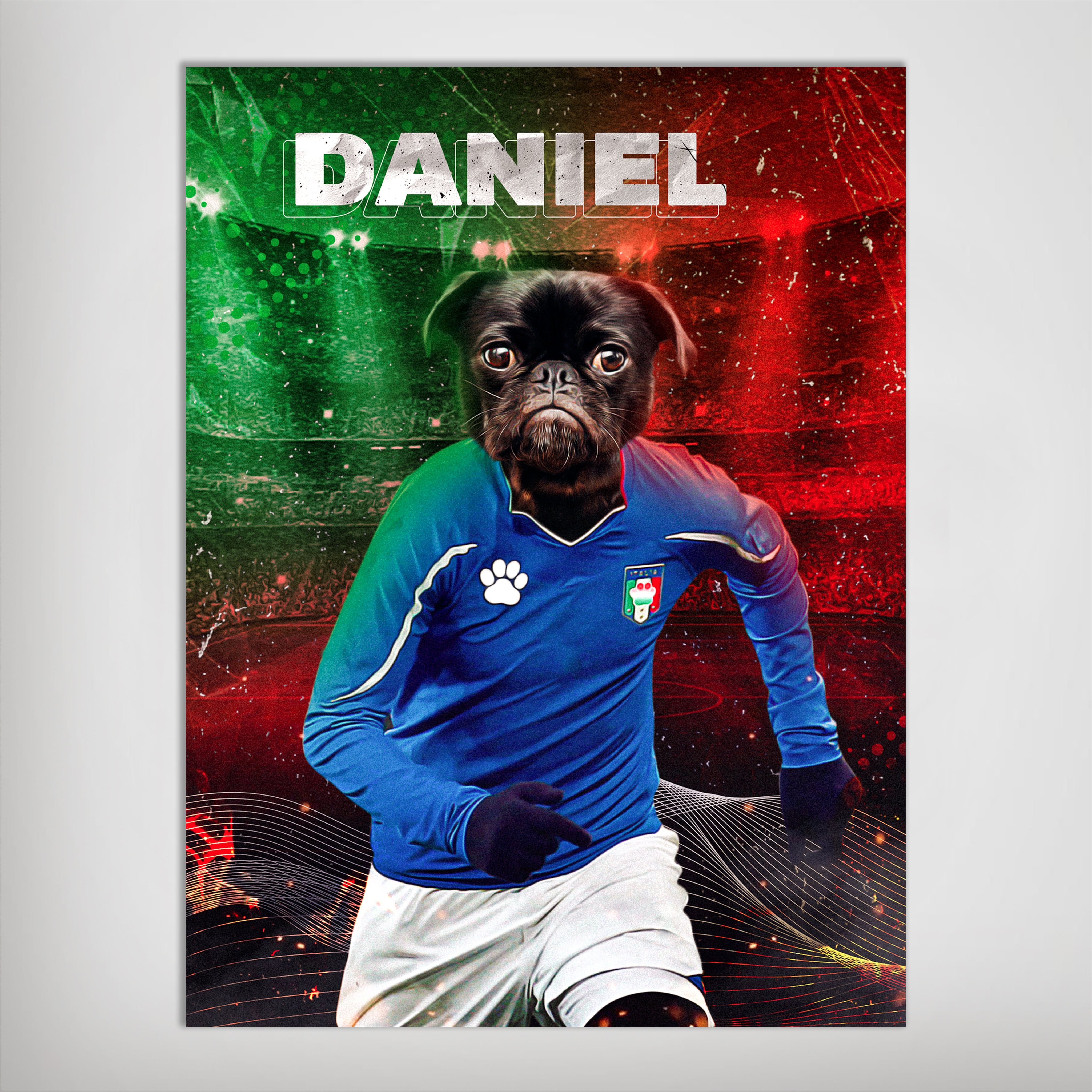 Personalized 'Italy Doggos Soccer' poster featuring a pug in a blue Italian football jersey on a green and red background.