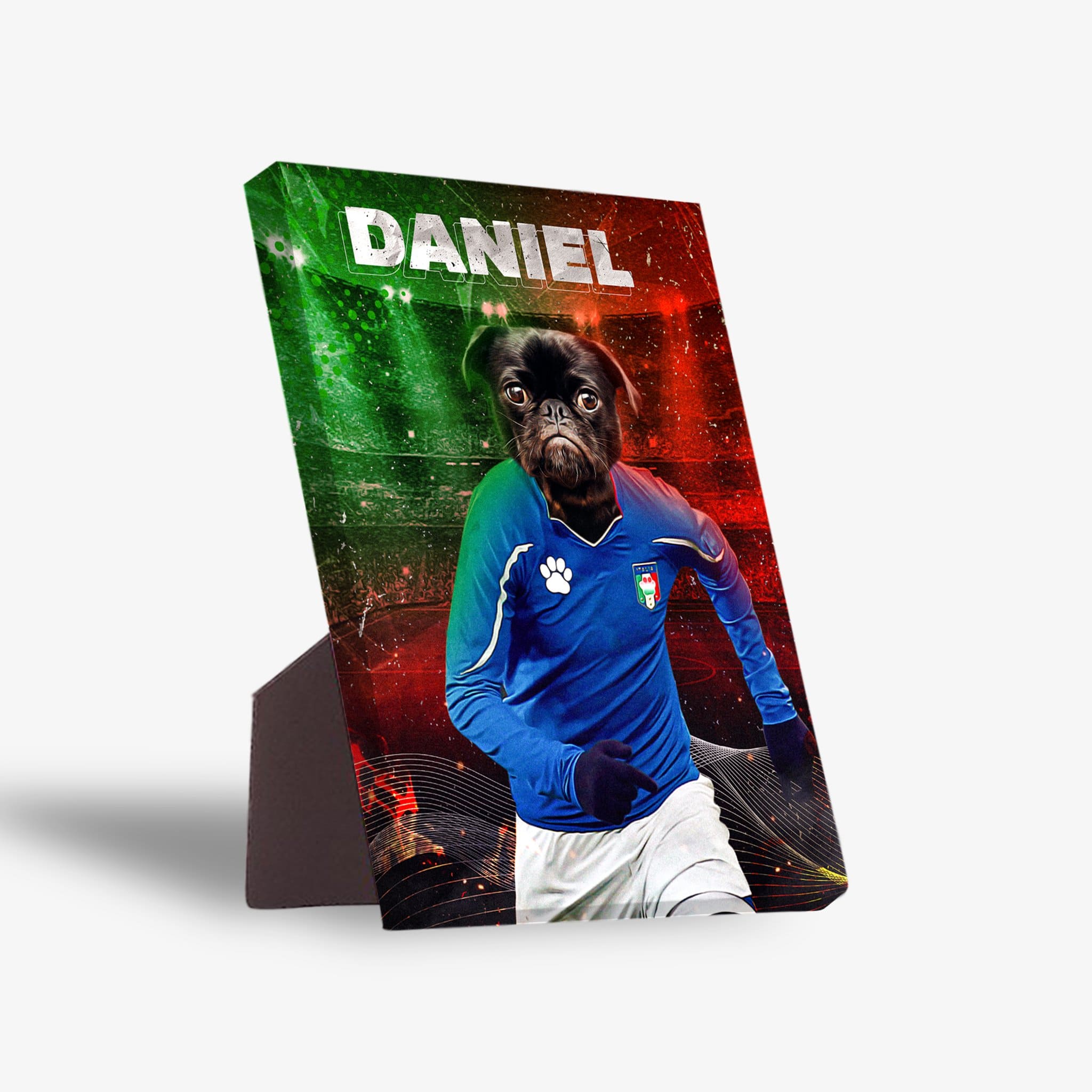 Personalized pet canvas featuring a Brussels Griffon dog in an Italy soccer uniform with a red and green background.