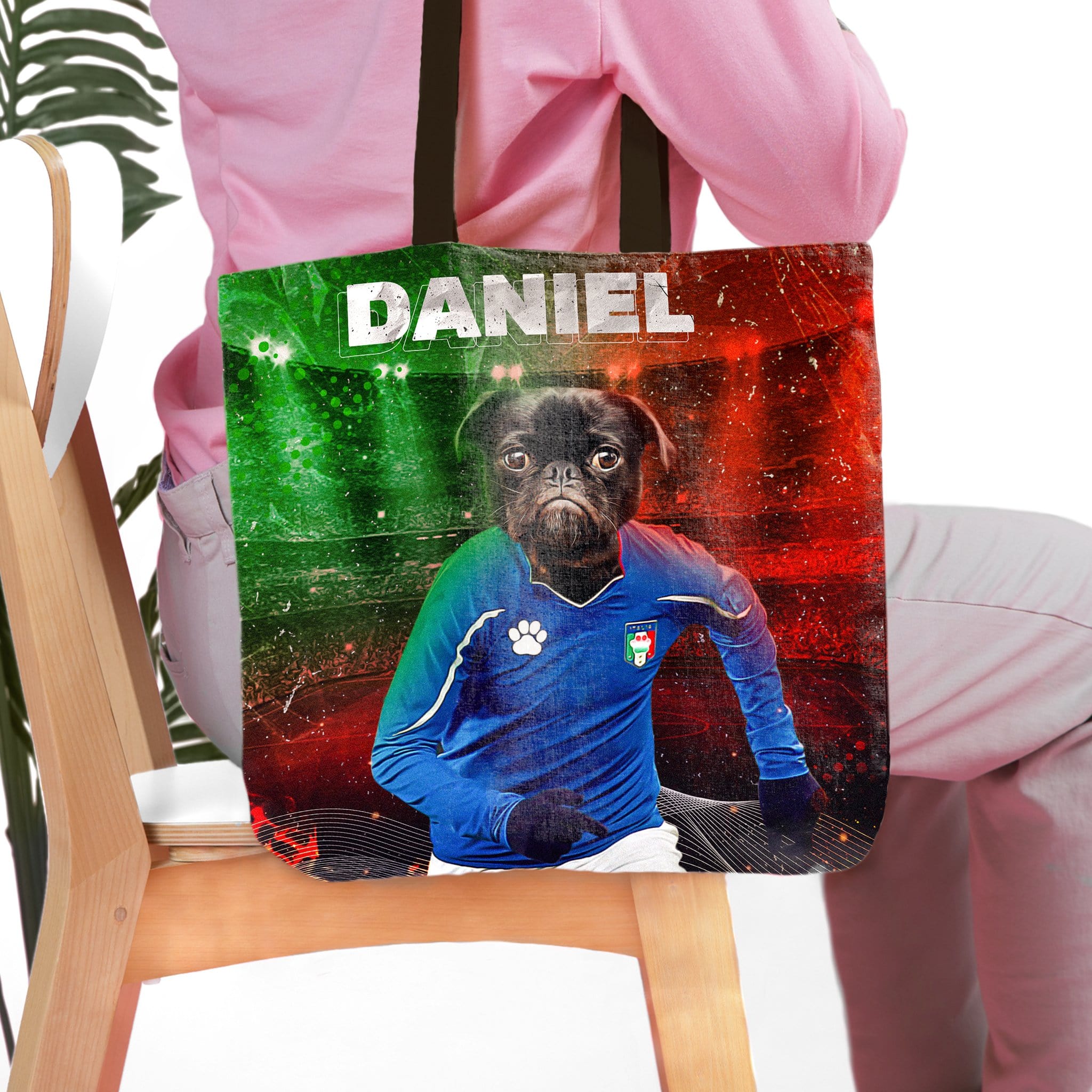 Personalized tote bag with a custom dog portrait in an Italy soccer jersey, featuring a green and red background.