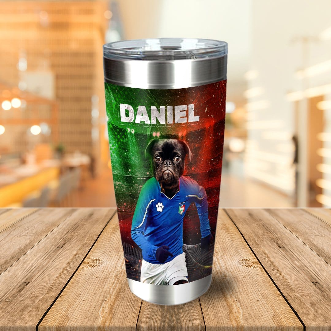 Personalized stainless steel tumbler with a cartoon pug in an Italy soccer uniform and "DANIEL" text.