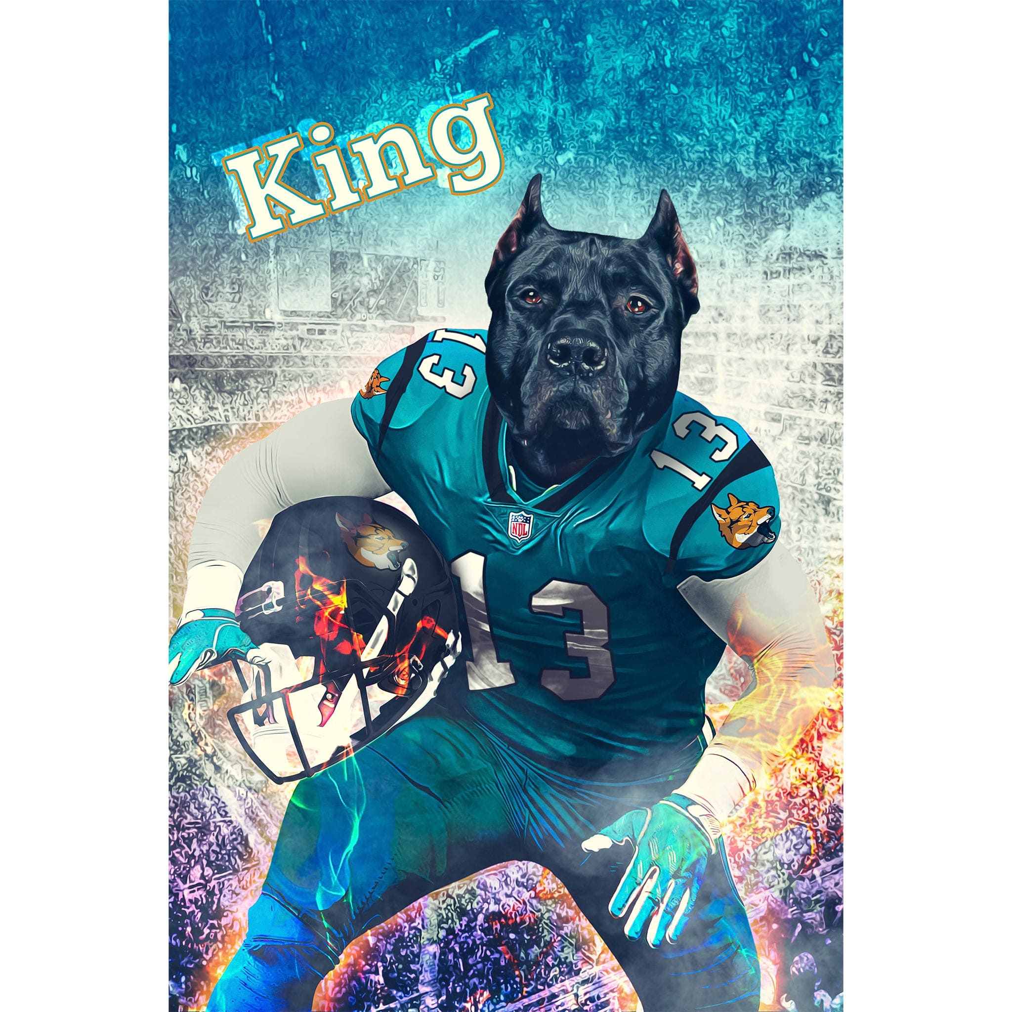 Custom digital portrait of a black dog in a teal football uniform, holding a helmet, with "King" text.