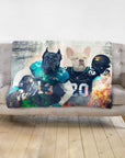 Personalized 2 pet blanket with Doggovinci portraits of a black Cane Corso and a cream French Bulldog in football uniforms.