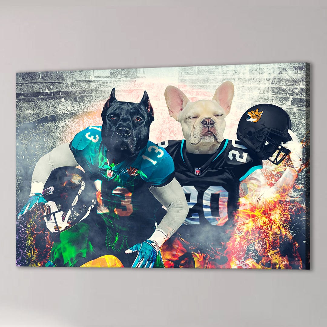 Personalized canvas featuring two dogs in Jacksonville Doggos football uniforms, one black and one cream, with a fiery background.