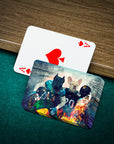 Personalized playing cards featuring two pets as football players, on a green felt table.