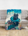 Personalized pet blanket with a Doggovinci portrait of a black dog in a teal football uniform.