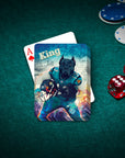 Personalized playing card featuring a custom pet portrait of a black dog in a football uniform.