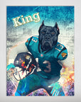 Personalized pet poster featuring a black dog in a teal football uniform, holding a flaming helmet, with "King" text.