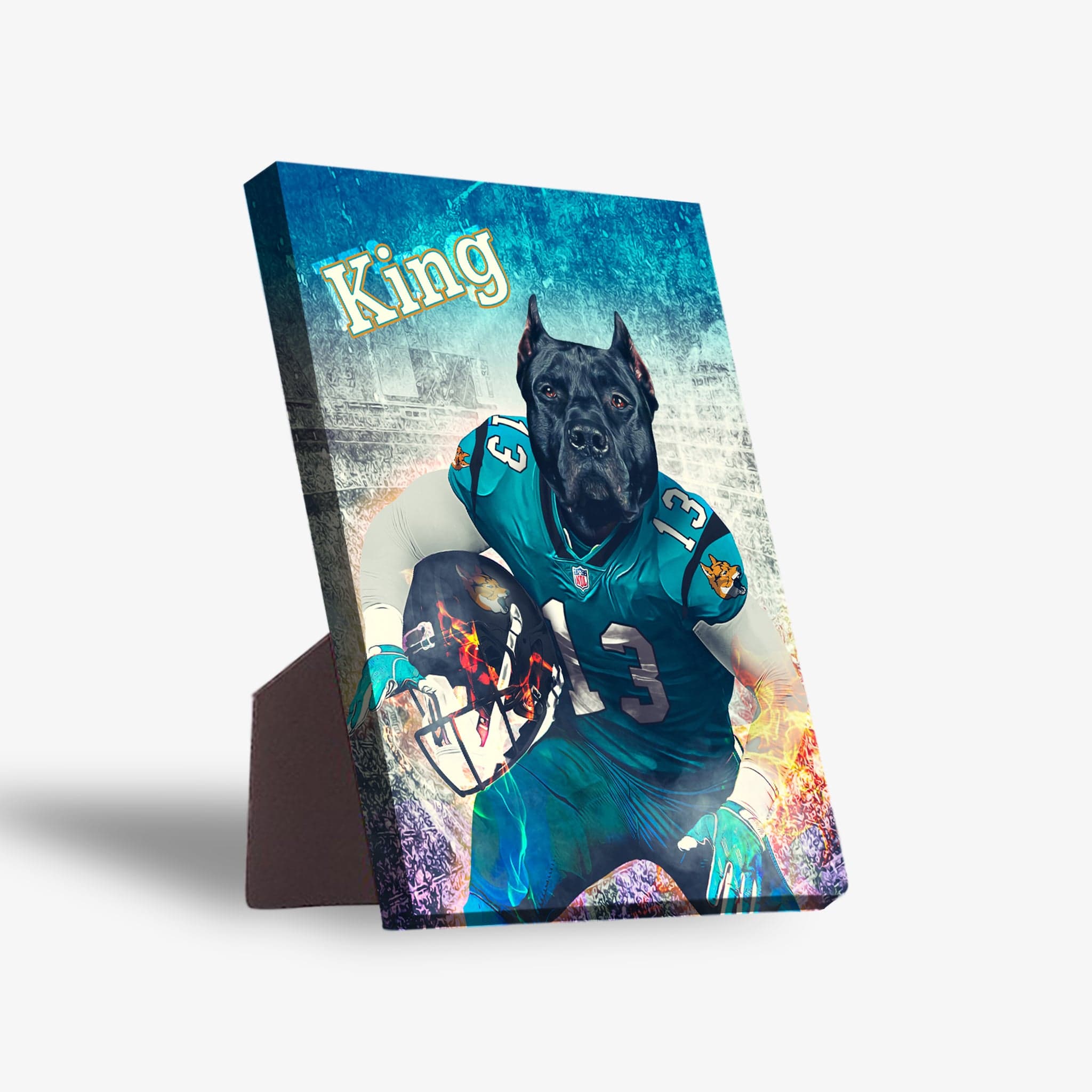 Personalized pet standing canvas featuring a black dog in a teal Jacksonville Doggos football uniform with "King" at the top.