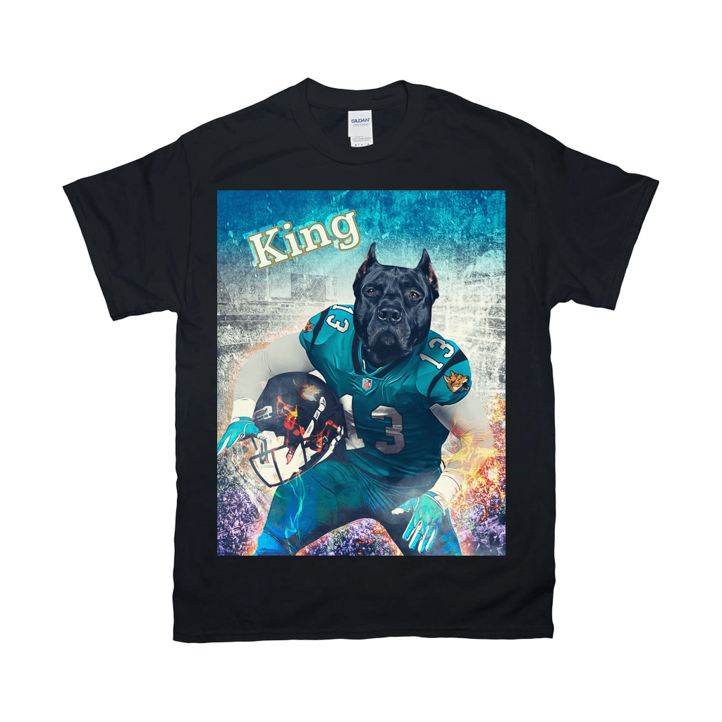 Black Gildan t-shirt featuring a personalized graphic of a black dog in a teal football uniform.