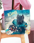 Personalized tote bag with a custom pet portrait of a black dog in a teal football uniform.