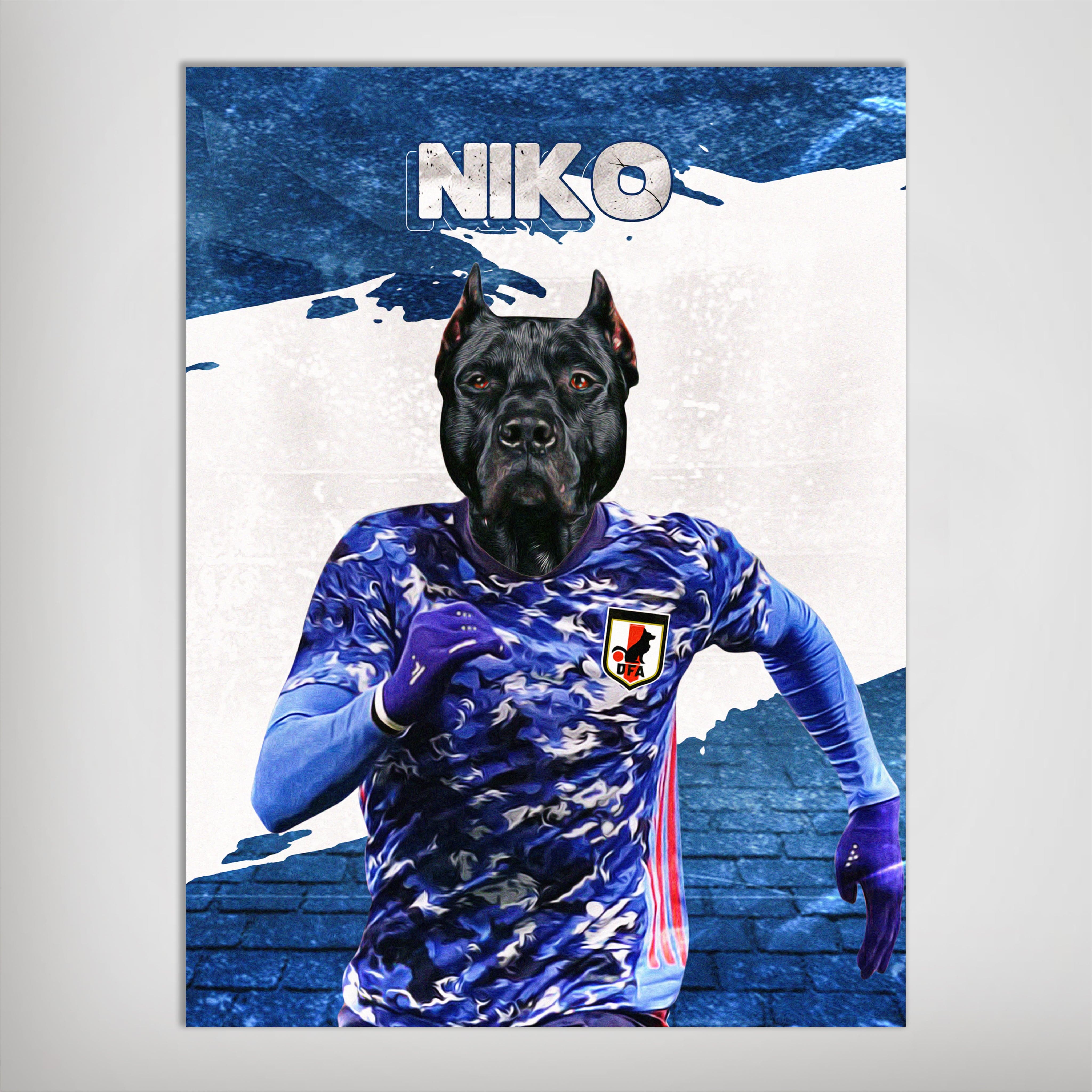 Personalized pet poster featuring a black dog's head on a running soccer player in a blue Japan Doggos jersey.