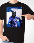 Black personalized pet t-shirt featuring a dark dog in a blue Japanese soccer jersey, with "NIKO" above.