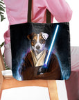 Personalized black tote bag with a custom pet portrait of a Jack Russell dog as a Jedi, holding a blue lightsaber.