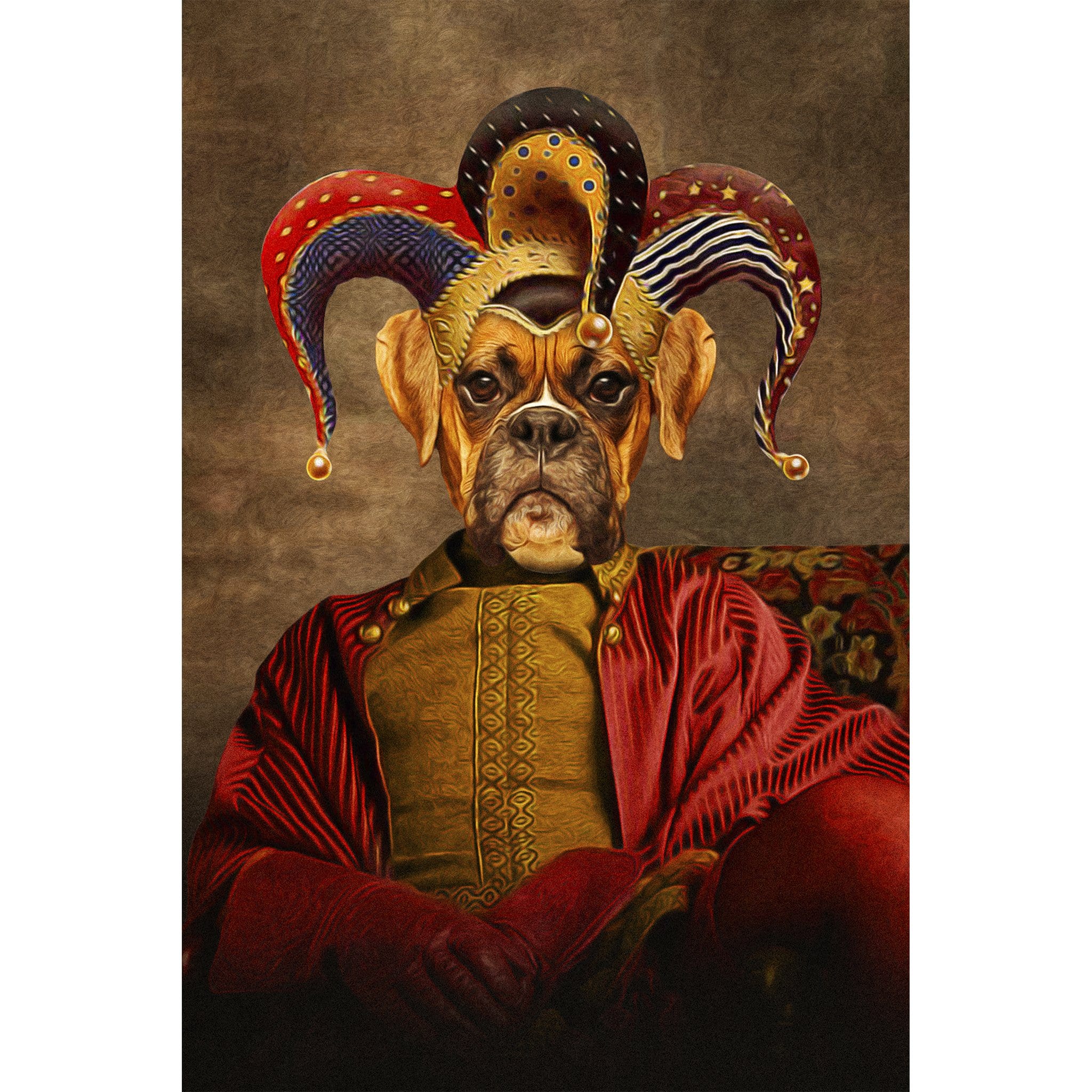 Custom personalized digital portrait of a Boxer dog in a jester costume.