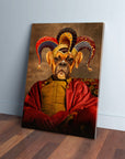 Personalized pet canvas featuring a boxer dog in a colorful jester hat and red robe.