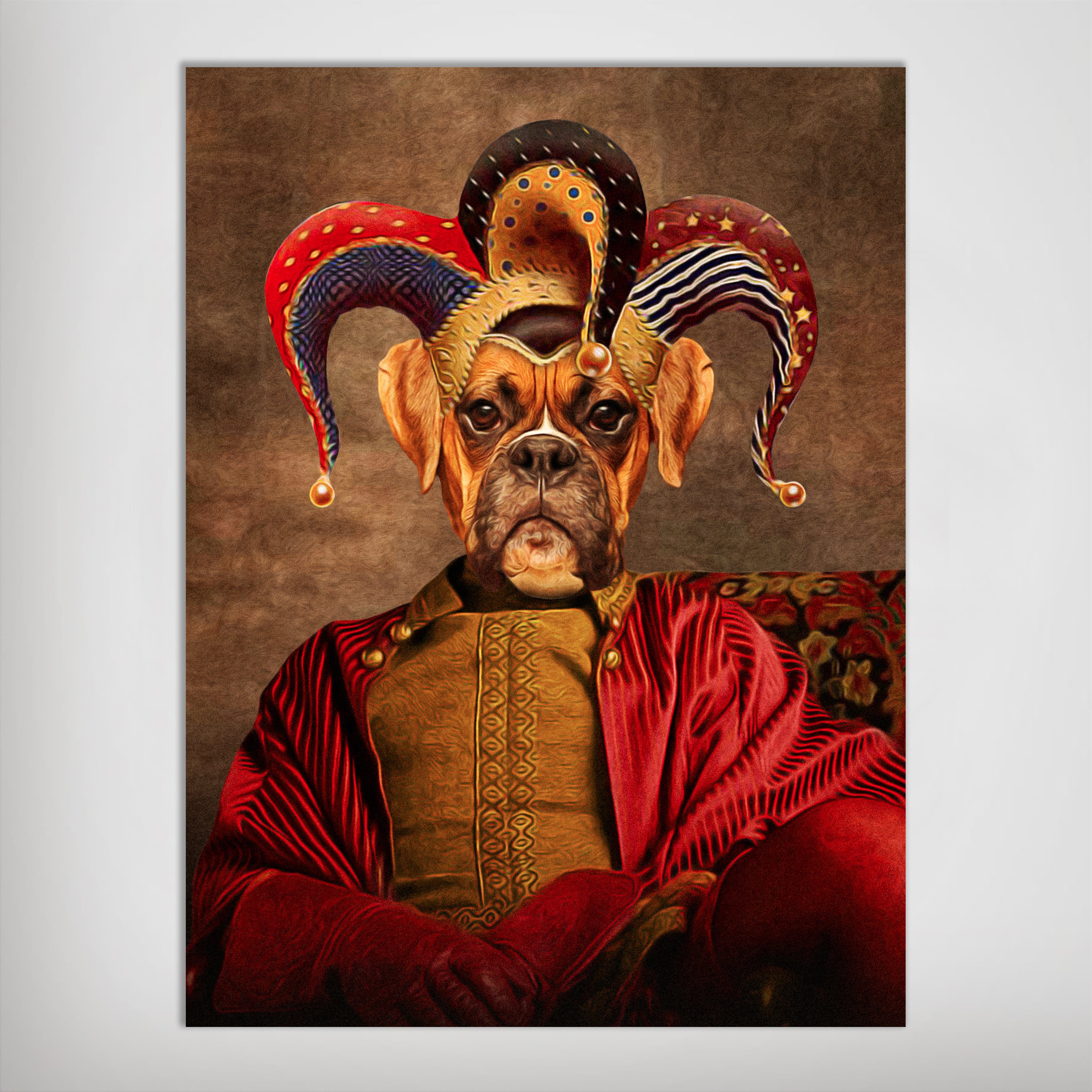 Personalized 'Jester Doggo' pet poster featuring a boxer in a colorful jester hat and red and gold costume.