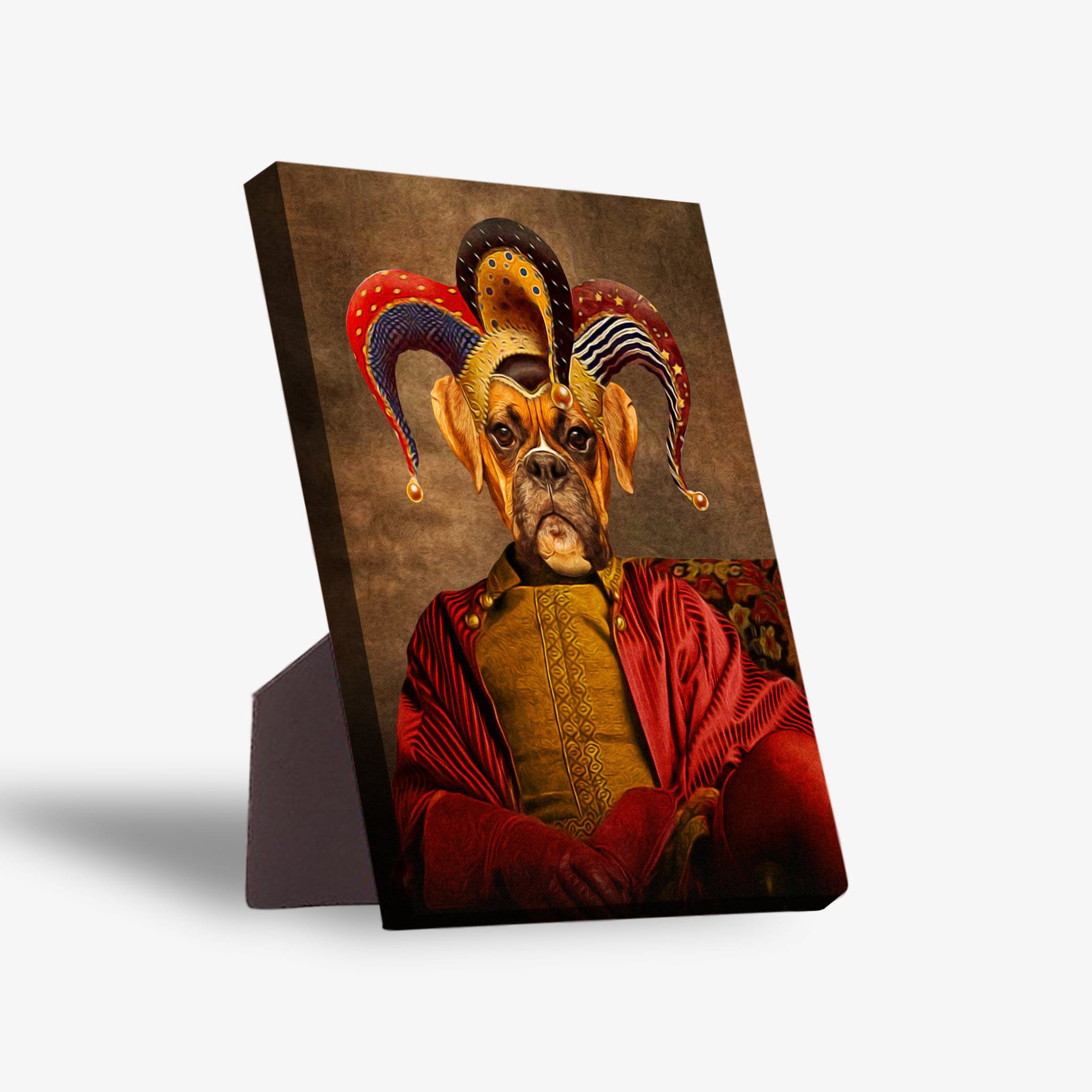 Personalized pet portrait canvas featuring a boxer dog in a colorful jester costume, with a sturdy stand.